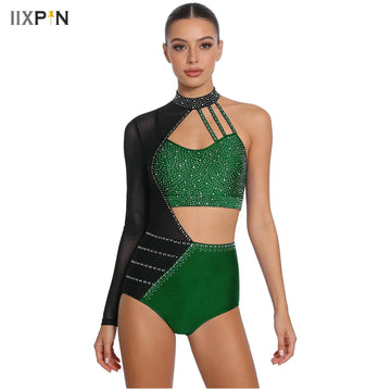 Womens One Sleeve Gymnastics Leotard Rhinestone Asymmetrical Bodysuit for Ballet Tango Latin Dance Party Performance Competition