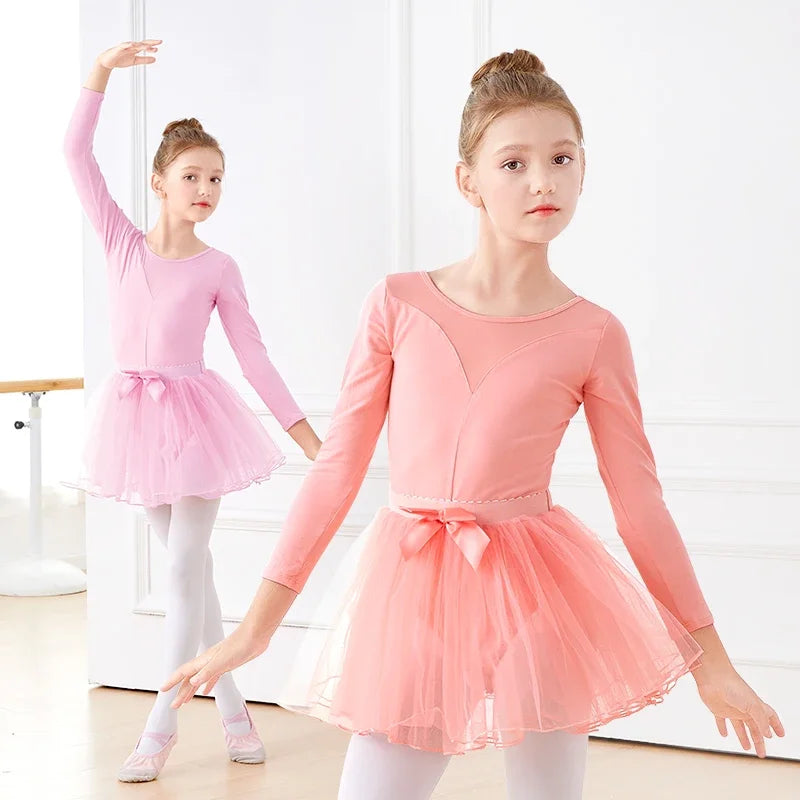 Girls Ballet Leotard Splicing Dance Leotards Gym Long Sleeve Dance Clothing Kids Pink Short Sleeve Ballet Bodysuits Swimwear