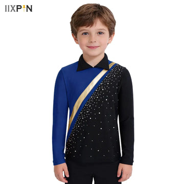 Kid Boys Figure Skating T-Shirts Top Costume Long Sleeve Rhinestones Dancewear for Latin Ballet Dance Roller Skating Performance