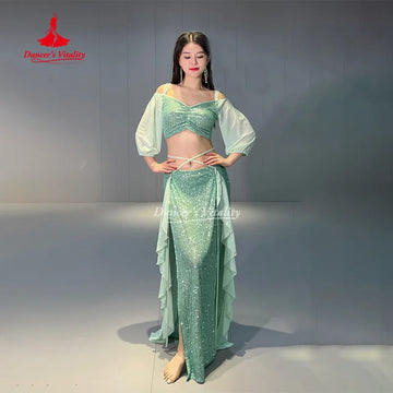 Belly Dance Costume Set for Women Short Sleeves Top+split Long Skirt 2pcs Oriental Professional Set Belly Dancing Wear Outfit