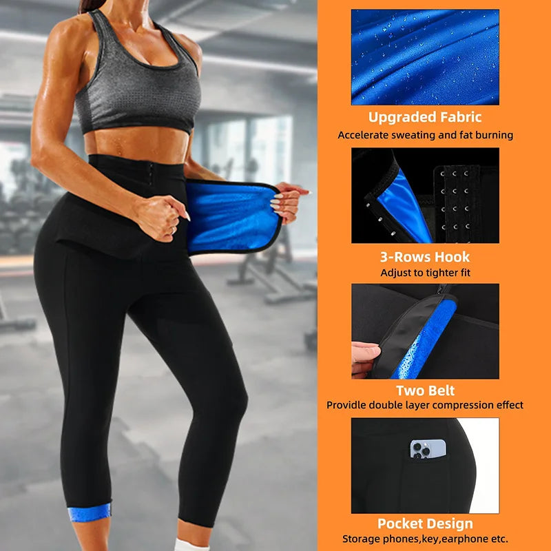 Women's Sauna Sweat Long Pants for adult Weight Loss Full Body Shaper Compression Leggings with Pocket Waist Trainer Pants