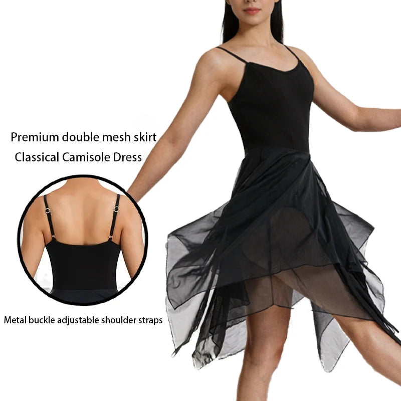 Women Modern Lyrical Dress Camisole Dance Costume Ballet Asymmetric High-Low Mesh Skirted Sleeveless Leotard Gymnastic Dancewear