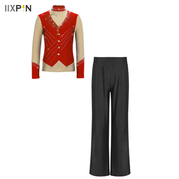 Kids Boys Artistic Figure Skating Outfit Long Sleeve Sparkle Rhinestone Training Top with Pants Set Ballet Performance Dancewear