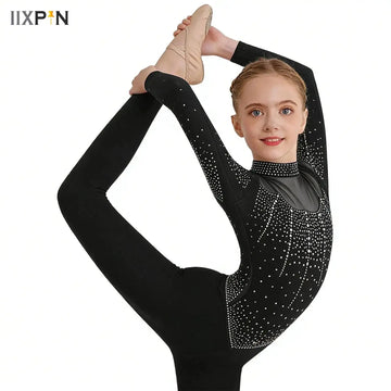 Girls Full Body Bodysuit Jumpsuit with Hair Band Artistic Gymnastics One-piece Suit Children Rhinestone Unitard Ballet Clothes