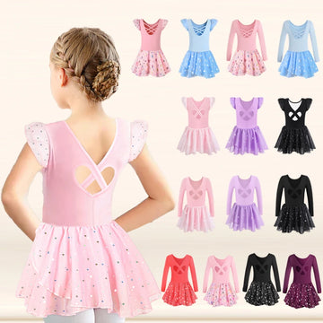 Girls Ballet Leotards  Kids Short/Long/Flutter Sleeve Dancewear Hollow Crisscross Back Shiny Skirt for Performance
