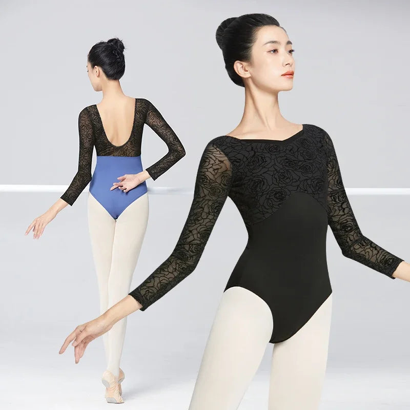 Women Ballet Leotards Gymnastics Leotards Flocking Splice Dance Leotard Square Collar U Back Dancing Bodysuit Swimwear Leotards