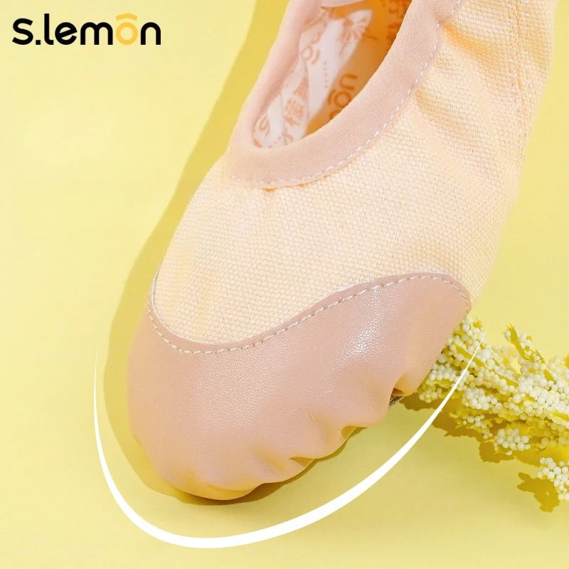Girls Ballet Dance Shoes-Leather Toe Canvas Combination Cow Suede Soft Sole Cat Paw Shoes for Folk Dance Training Toddler Kid