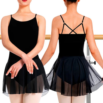 Women's Sleeveless Camisole Ballet Dance Leotards for Adult Gymnastics Skirts with M-shape Hollow Back and Lining Dance Dress