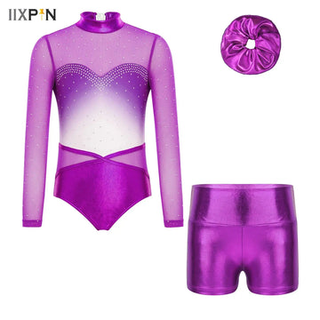 Kids Girls Shiny Rhinestone Gymnastics Leotards Ballet Dance Bodysuit with Shorts Hairband Set Ballet Jersey Unitard Costume