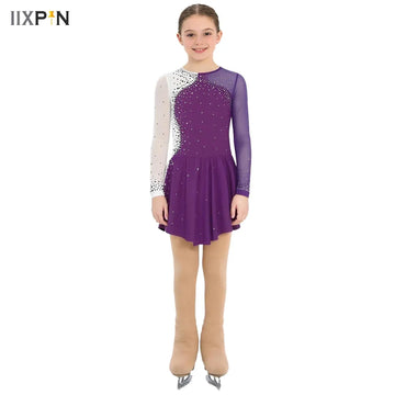 Girl's Contrast Color Dance Dress Ice Figure Skating Dress Mesh Tulle Skirted Leotard with Tights Costume Gymnastic Dancewear