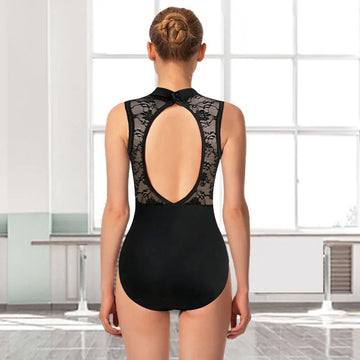  Women Black Turtleneck Vest Bodysuit Ballet Dance Leotard with Durable Lace Splicing and Large Oval-Shaped Back Ballet Clothes