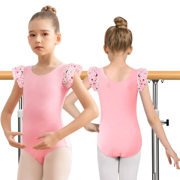 Girls Ruffle Sleeve Ballet Dress Dance Leotards for girl Gymnastics Skirts with Round Neckline and Shiny Design Dance Dress