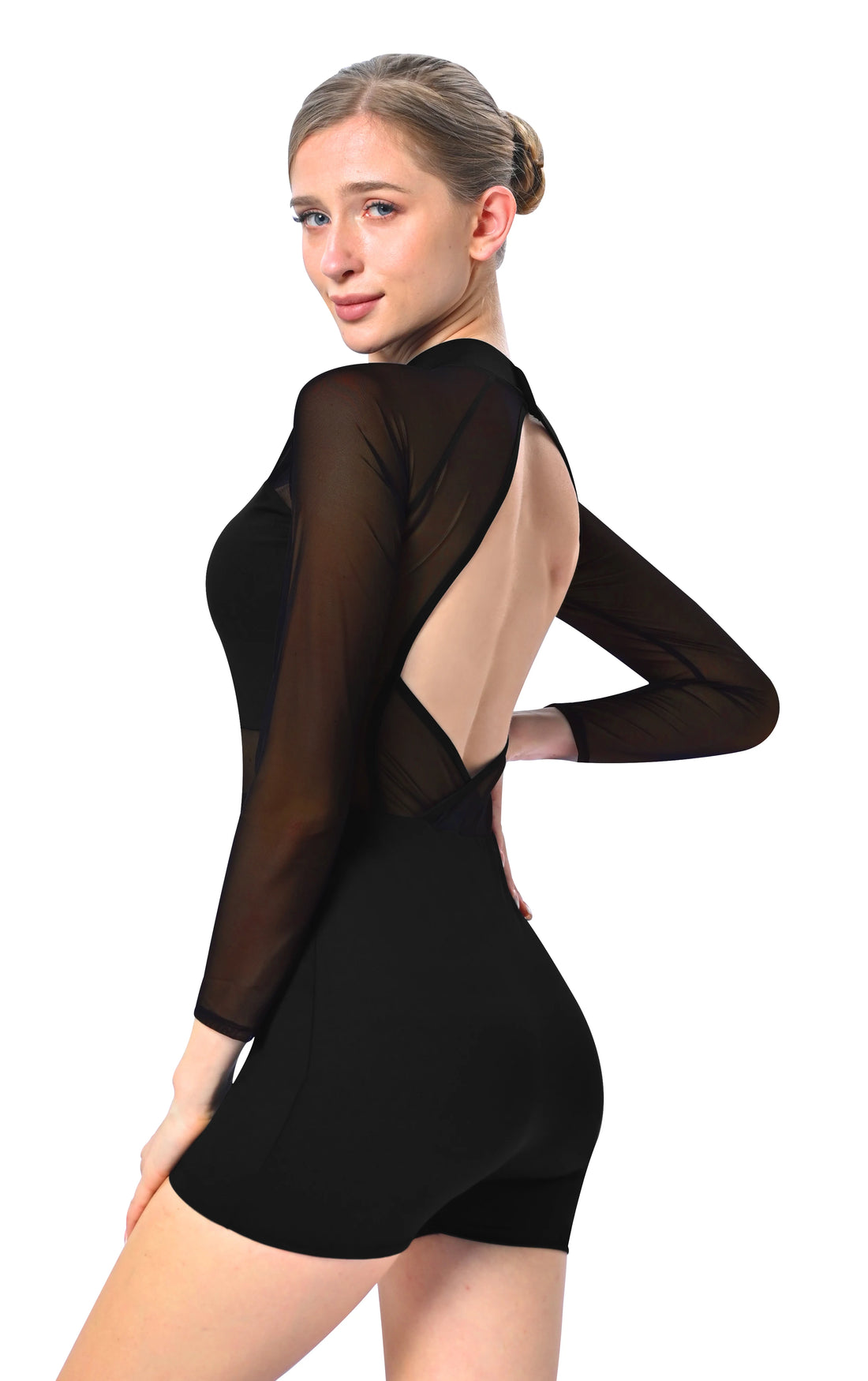 Women Turtleneck Long Sleeve Gymnastics Biketard for Ballet Mesh Dance Costume Big Open Back