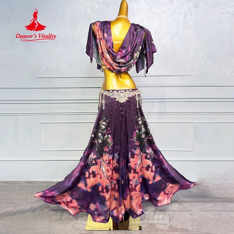 Belly Dancing Performance Costume for Women Customized Luxury Rhinestone Satin Printing Set Oriental Dance Competition Clothing