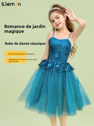 S.lemon Kids Ballet Tutu with Lace Straps 3D Floral Puff Skirt Dance Performance Costume Dancewear for Girls