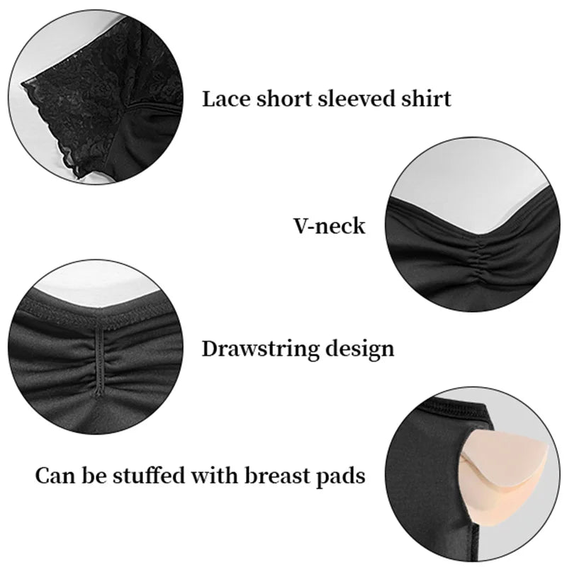 Women's Lace Short Sleeve Ballet Dance Leotard for Adult Gymnastics Tops with Drawstring Neckline and Soft Lining Dance Leotards