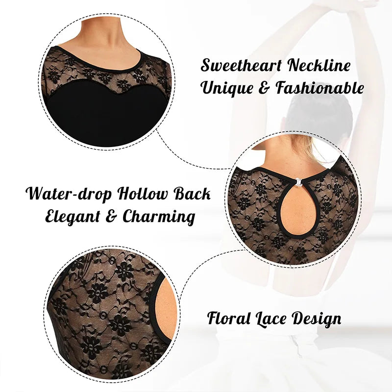 Women's Lace Short Sleeve Ballet Dance Leotard for Adult Gymnastics Tops with Water-drop Back and Soft Lining Dance Leotards