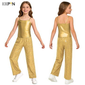 Kids Girls Street Dance Outfit Sleeveless Crop Top with Metallic Shiny Pants School Show Hip Hop Jazz Dancewear 70s 60s Disco