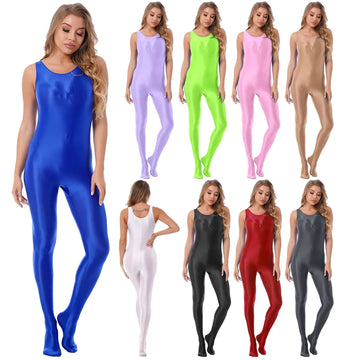 Women's Glossy Long Sleeve Jumpsuit Bodystocking Smooth Bodycon Romper for Gym Yoga Fitness Nightwear Full Bodycon Outfit