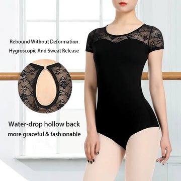 Women Ballet Black Lace Splice Short Sleeve Dance Leotard Tank, Water-drop hollow back Dancewear Ballet Clothes