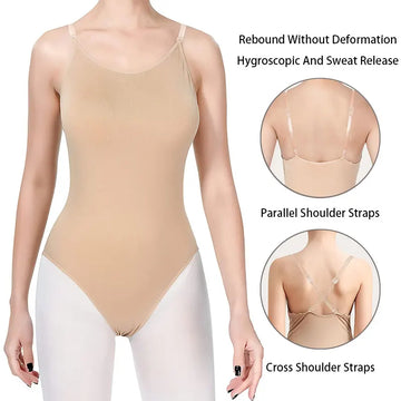 Women's Nude Nylon Seamless Camisole Undergarments Ballet Dance Leotard for Adult Dance Gymnastics with Adjustable Clear Straps