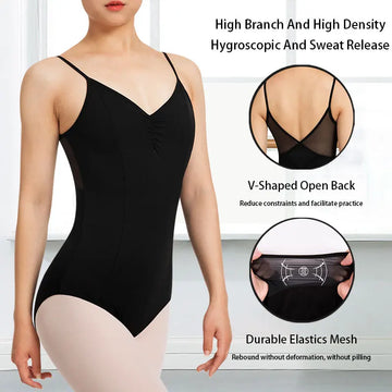 Women Outfits Drawstring Camisole Ballet Dance Leotard for Adult Dance Gymnastics with Mesh V Back and Soft Front Lining