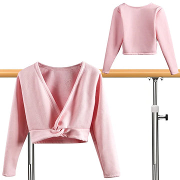 Girls Long Sleeve V-neck Ballet Dance Leotards for kid Gymnastic Dance Wrap Cardigan Tops with Velvet Inne Dance Sweater