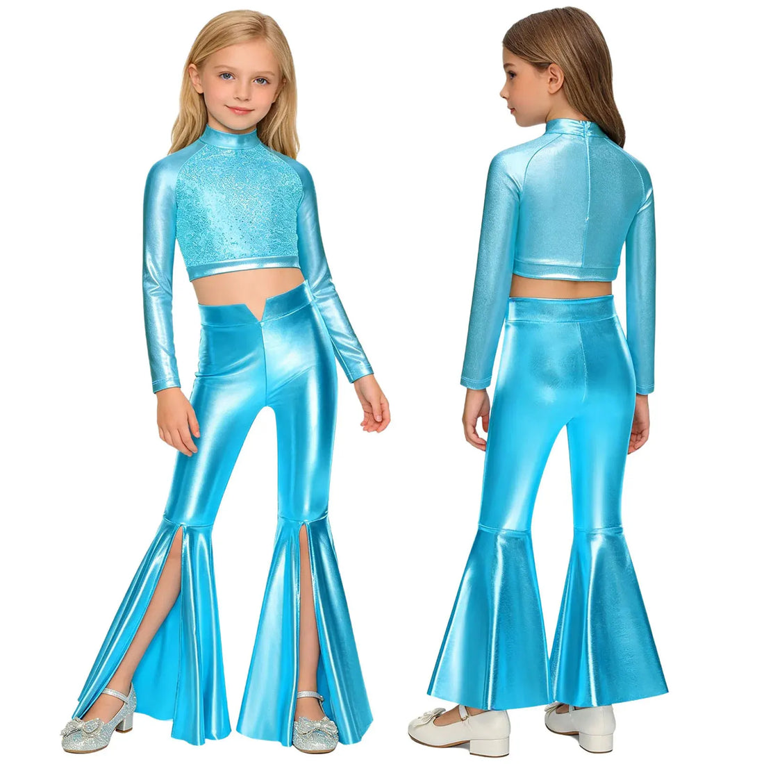 Kids Girls Pageant Set Sequin Crop Top And Split Bell Bottom Pants for Disco Dance Costume for Belly Jazz Dance Performance