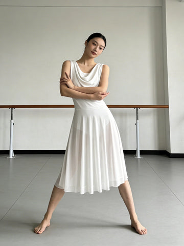 Adult Women Lyrical Dance Costume Modern Contemporary Dancewear V-Neck Backless Mesh Tulle Flowy Overlay Dress Stage Performance