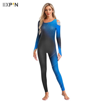 Womens Gradient Color Block Glittery Rhinestone Jumpsuit Bodysuit Gymnastics Figure Skating Dance Leotards Performance Unitard