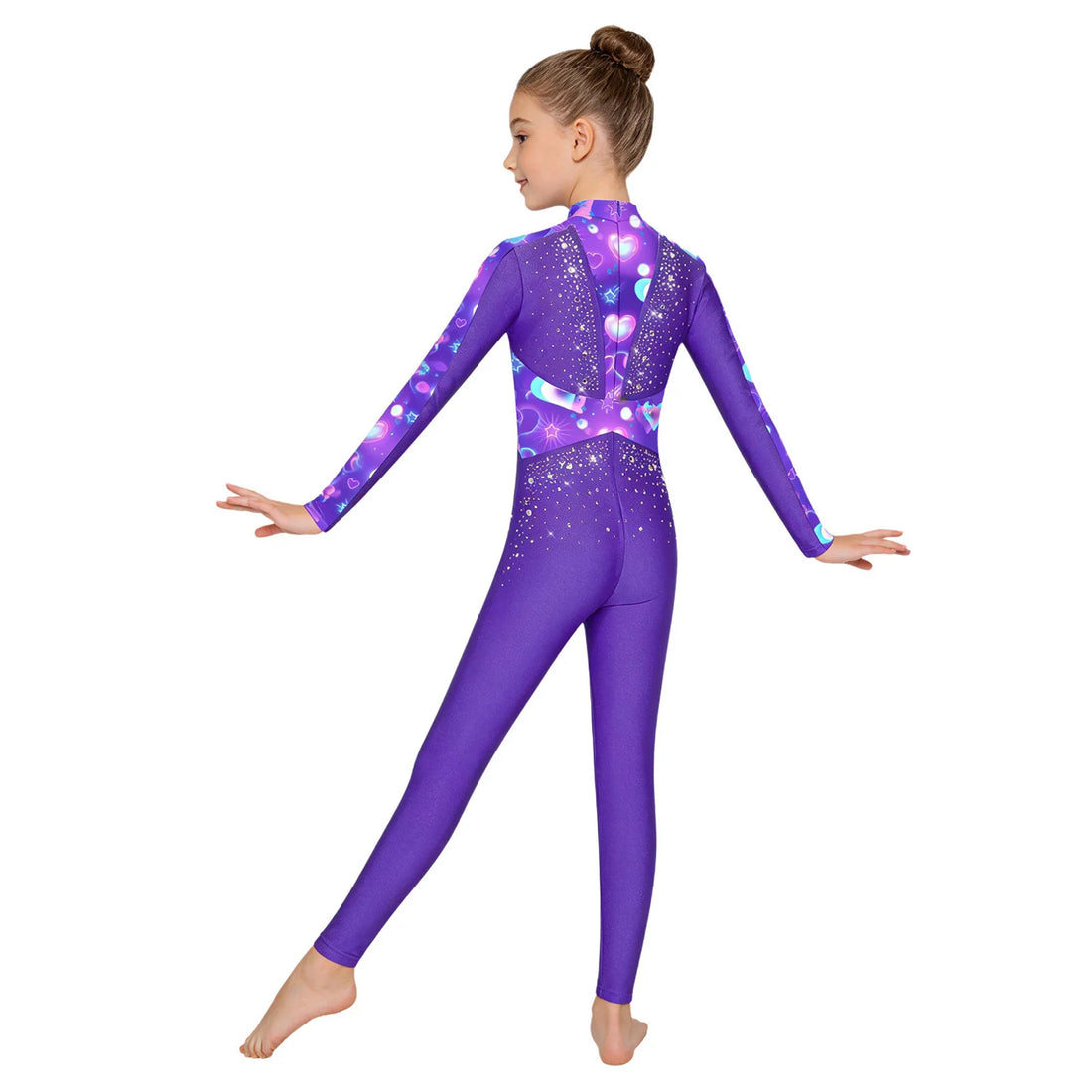Girls Shiny Sequins Rhinestones Rhythmic Gymnastics Leotards Long Sleeve Jumpsuit Dancewear Figure Skating Stage Performance Top