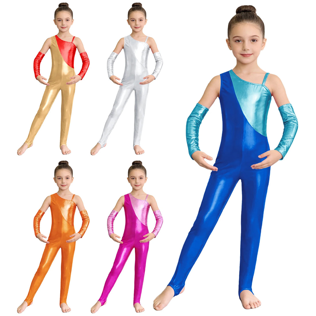 Kids Girls Metallic Shiny Artistic Gymnastics Jumpsuit with Gloves One Piece Long Sleeves Full Body Bodysuit Ballet Dance Wear