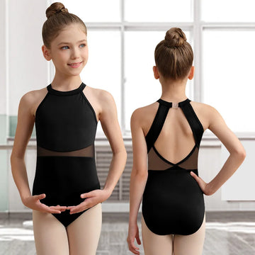 Girls Sleeveless Halter Neck Ballet Dance Leotard for girl Gymnastics  with Mesh Crisscross Back and Soft Lining Dance Leotards