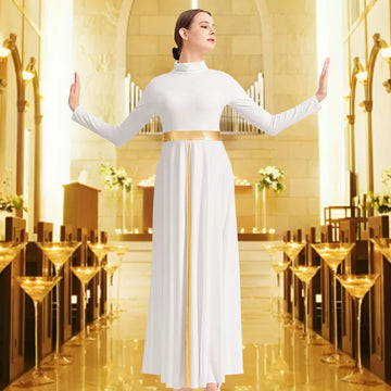 Women's Long Sleeve Praise Dance Dress for Adult Worship Liturgical Church Robe with Fold High Neck and Flared Swing Skirts