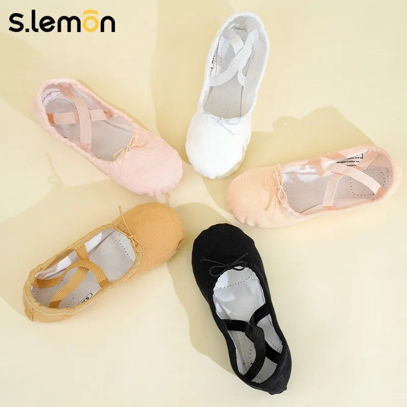 S.lemon Kids Ballet Dance Shoes for Girls Double Canvas Cow Suede Soft Sole Chinese Dance Cat Paw Practice Shoes