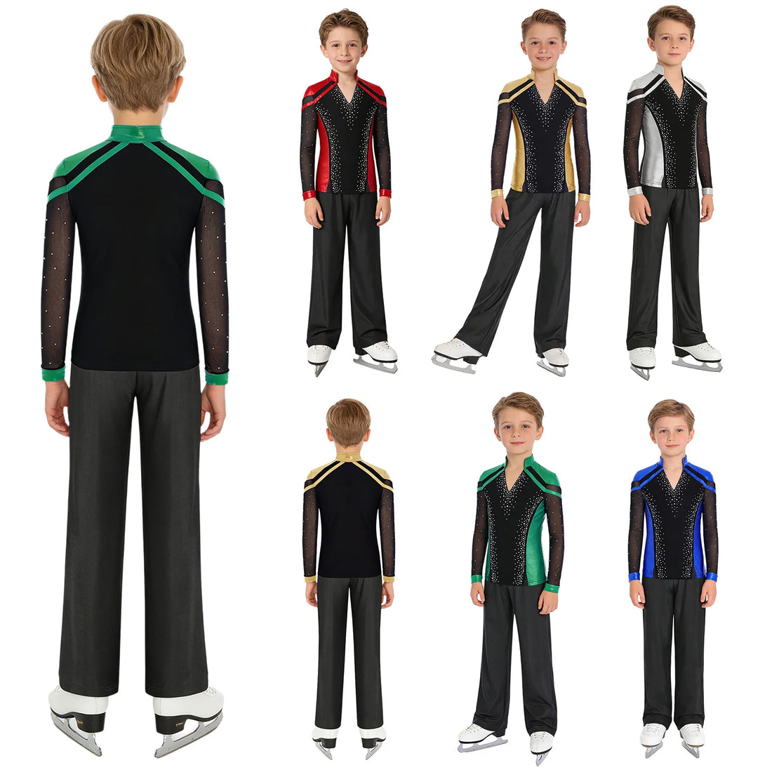 Boys Shiny Rhinestones Figure Skating Ballroom Performance Costume Metallic Top with Straight-Leg Pants Kids Latin Dancewear