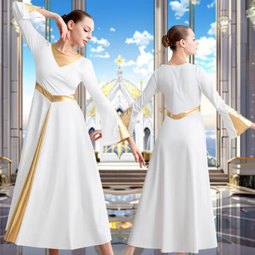 Women's Long Sleeve Loose Fit Full Length Praise Moden Dance Dress for Adult Worship Liturgical Metallic Costume Dance Dress