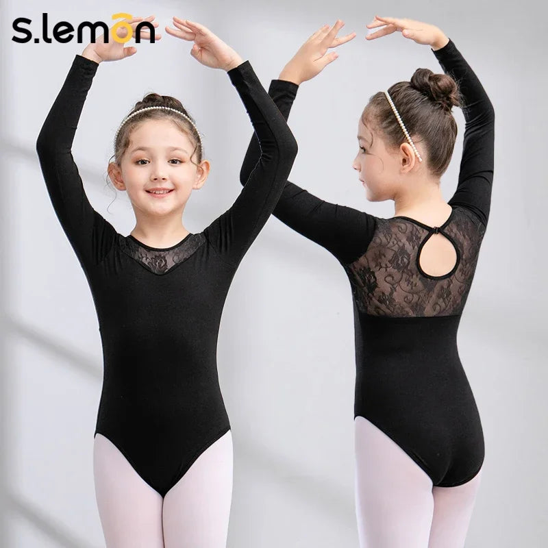 S.lemon Kids Ballet Leotard Girls Gymnastics Training Long Sleeve Lace Dance Bodysuit Black Chinese Dance Wear 90-150CM