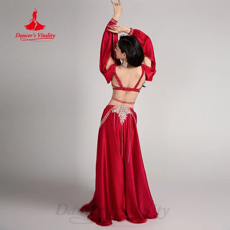 Belly Dancer Performance Costumes Senior AB Stones Bra+Tassels Satin Long Skirt 2pcs Women Oriental Dancing Competition Clothing