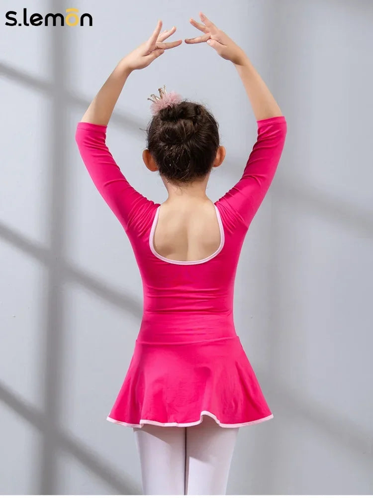 S.lemon Girls Ballet Leotard One-Piece Dress Long Sleeve U-Back Winter Chinese Dance Costume 100-150cm Free Shipping