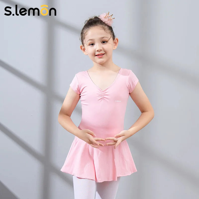 Girls Pink Cotton Dance Leotard Short Sleeve Stretchy Gymnastics Ballet Dress for Kids