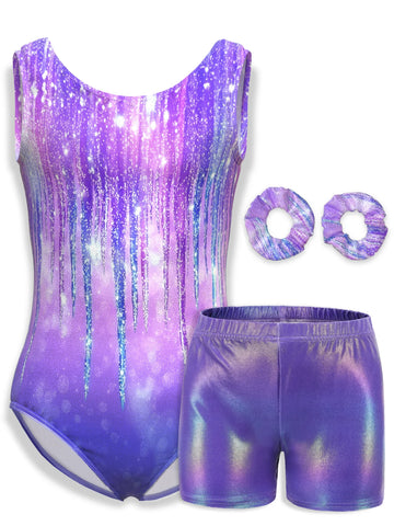 Girls Gymnastics Leotard Sparkle Gradient  Activewear 4 Piece Dance Unitard for Kids Athletic Tumbling Outfits with Short
