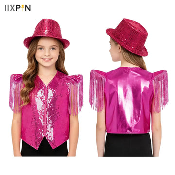 Boys Girls Sequin Metallic 70s Disco Party Vest Tops Tassels Cap Sleeves Zipper Waistcoat Jazz Team Performance Dancewear Sets
