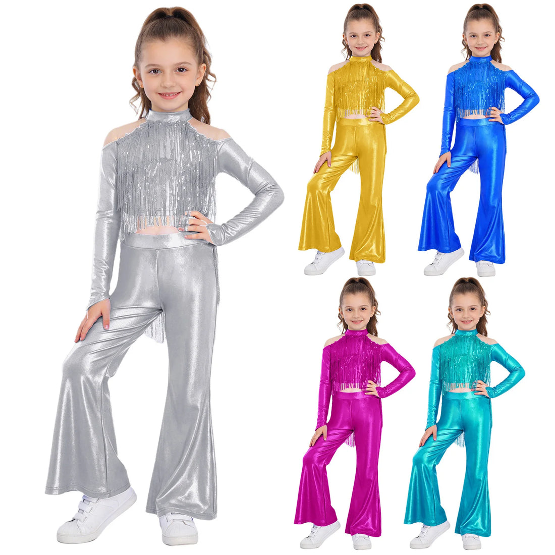 Teens Girls Shiny Sequin Crop Top with Flare Pants Jazz Latin Dance Outfit Kids Stage Show Performance Prom Party Costume