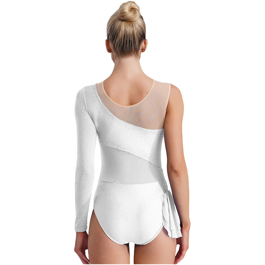 Womens Dance Leotard Gymnastics Ice Skating Performance Costume Sheer Mesh Patchwork Round Neck Shiny Rhinestones Ballet Leotard