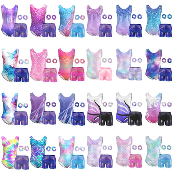 Gymnastics Leotards for Girls Sparkly Athletic Biketard Tumbling outfits Kids Dancewear Clothing with Matching Shorts Hairband