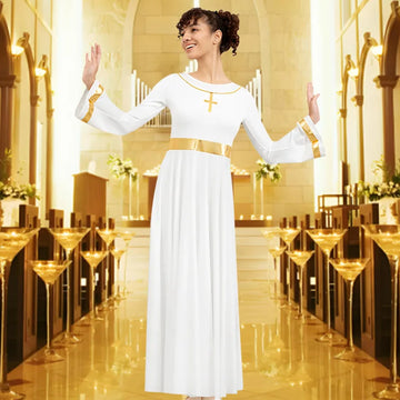 Women's Praise Dance Dress Long Sleeve Loose Fit Church Dancewear Metallic Full Length Liturgical Worship Costume Dance Dress