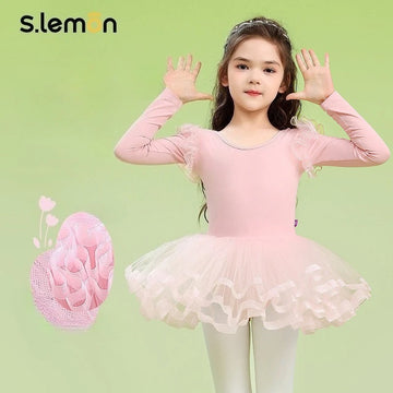 Girls Ballet Leotard Skirt Long Sleeve Kids Chinese Dance Tulle Puffy Gymnastics Bodysuit