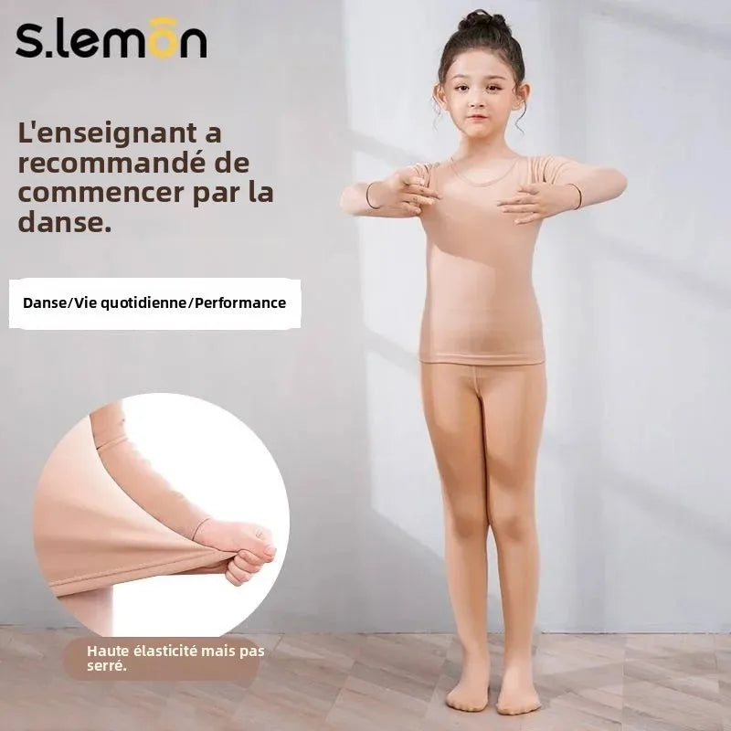 S.lemon Long Sleeve Dance Base Layer for Toddler Girls Flesh Color Invisible Thin Fleece Warm Practice Undershirt 90-150cm