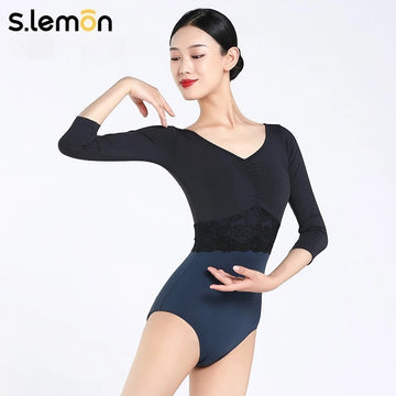 Professional Ballet Leotard Long Sleeve V Neck Open Back Colorblock Gymnastics Dancewear for Adult Women